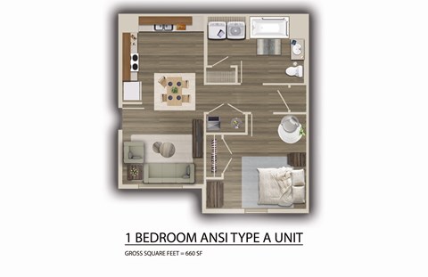 Floor plan for 1 bed, 1 bath, 660 sqft